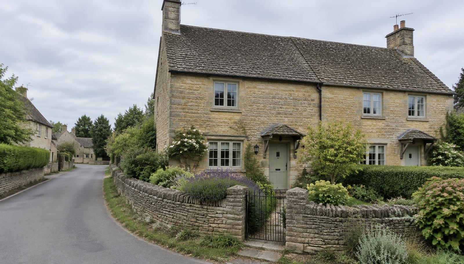 Street-level view of a Cotswold stone house